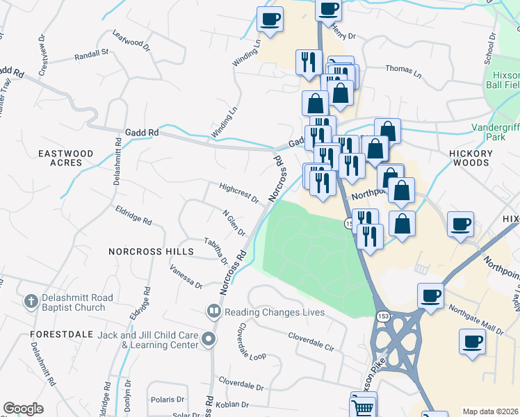 map of restaurants, bars, coffee shops, grocery stores, and more near 1300 Highcrest Drive in Chattanooga