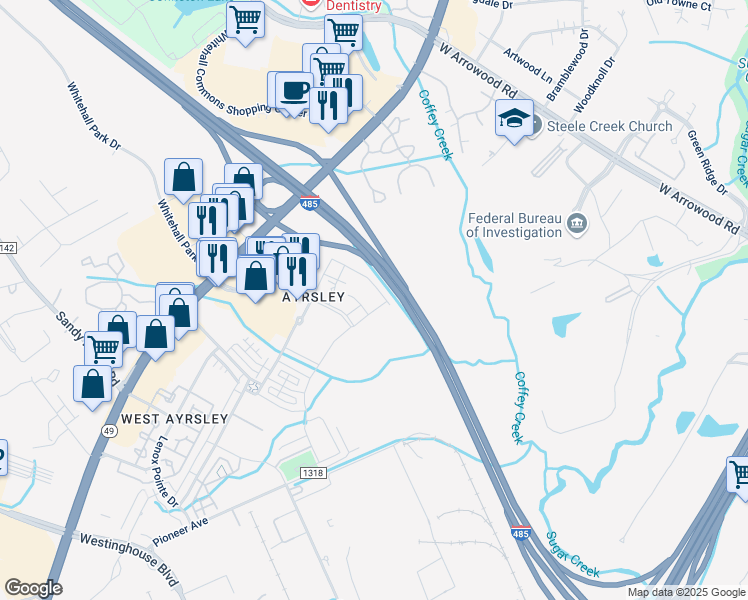 map of restaurants, bars, coffee shops, grocery stores, and more near 2645 Silver Crescent Drive in Charlotte