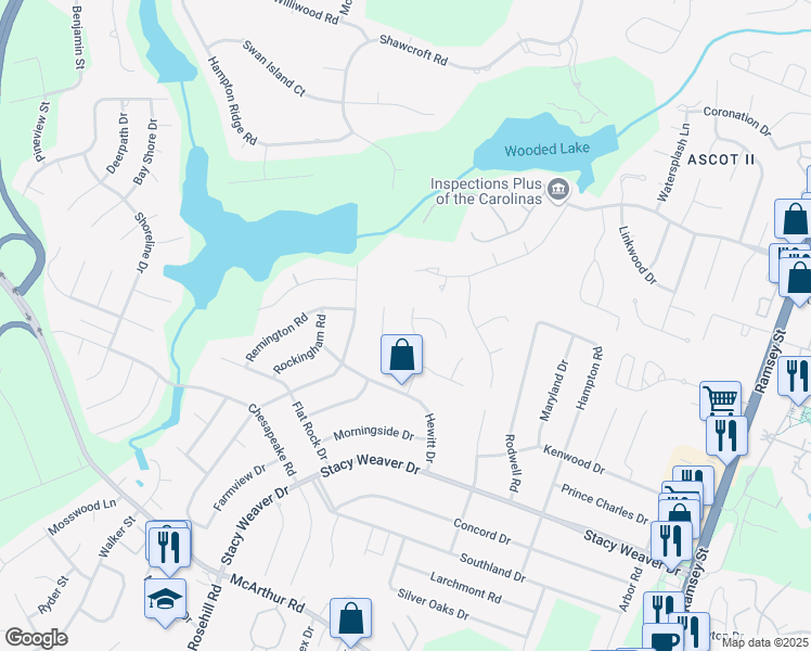 map of restaurants, bars, coffee shops, grocery stores, and more near 5327 Westminster Drive in Fayetteville
