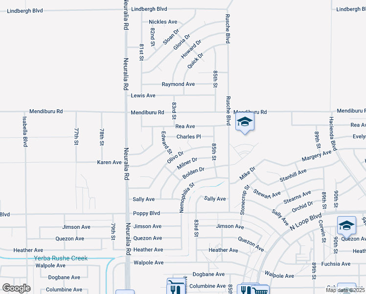 map of restaurants, bars, coffee shops, grocery stores, and more near 21728 Olivo Court in California City