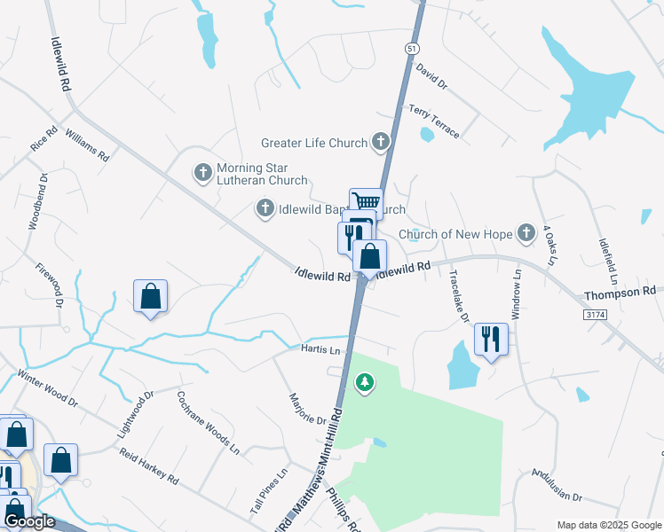 map of restaurants, bars, coffee shops, grocery stores, and more near 13001 Idlewild Road in Matthews