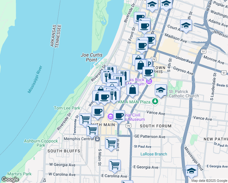 map of restaurants, bars, coffee shops, grocery stores, and more near 325 South Main Street in Memphis