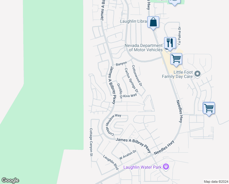 map of restaurants, bars, coffee shops, grocery stores, and more near James A Bilbray Parkway in Laughlin
