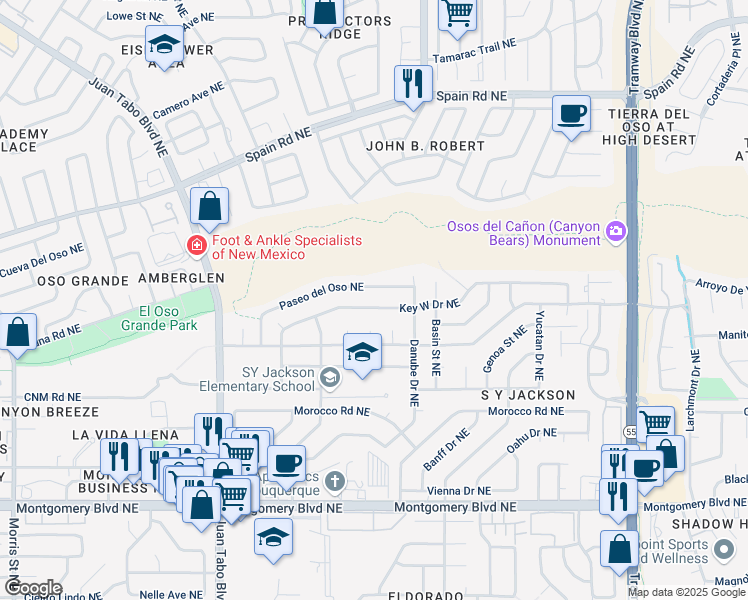 map of restaurants, bars, coffee shops, grocery stores, and more near 11508 Key West Drive Northeast in Albuquerque