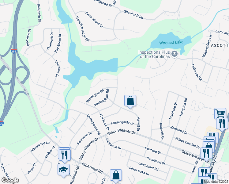 map of restaurants, bars, coffee shops, grocery stores, and more near 446 Waterbury Drive in Fayetteville