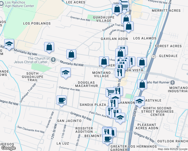 map of restaurants, bars, coffee shops, grocery stores, and more near 5500 Villa Canela Court Northwest in Albuquerque