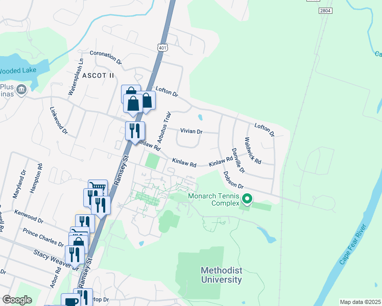 map of restaurants, bars, coffee shops, grocery stores, and more near 5838 Woodhaven Circle in Fayetteville