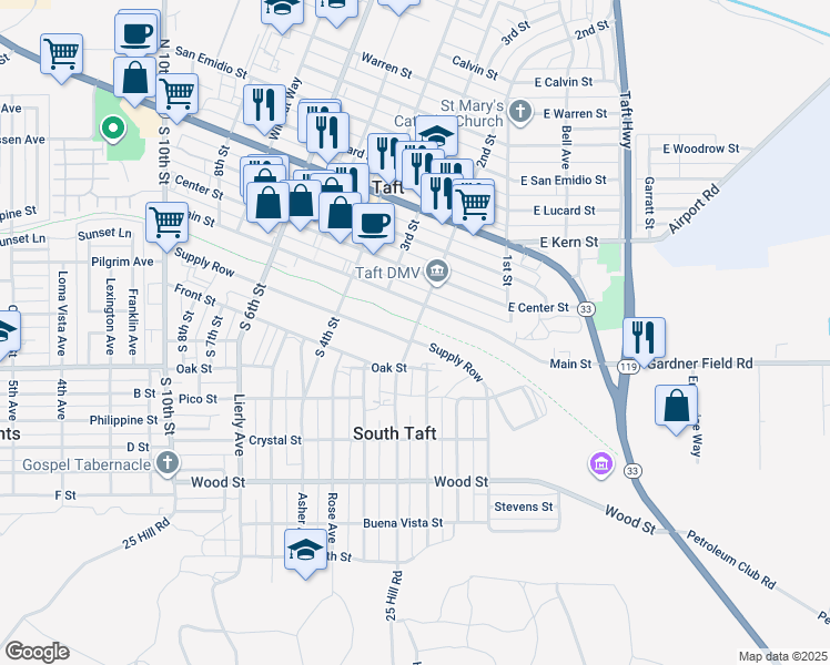 map of restaurants, bars, coffee shops, grocery stores, and more near 155 2nd Street in Taft