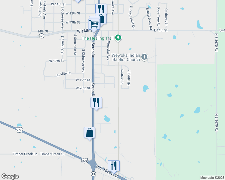 map of restaurants, bars, coffee shops, grocery stores, and more near 22 Rondel Drive in Wewoka