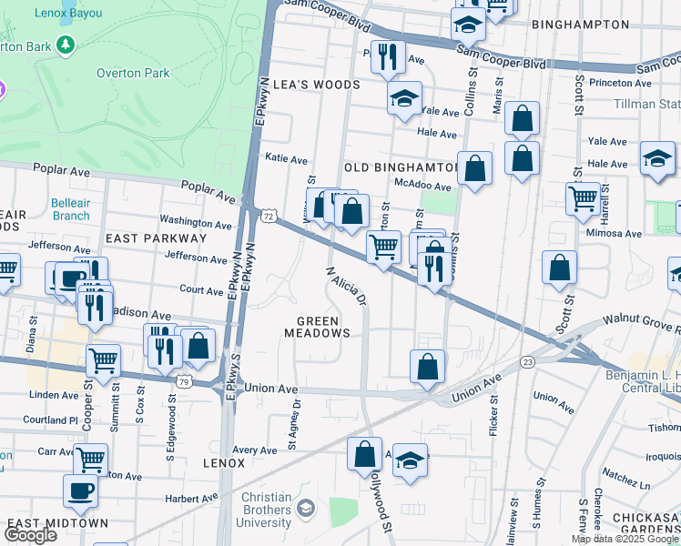 map of restaurants, bars, coffee shops, grocery stores, and more near 65 North Alicia Drive in Memphis
