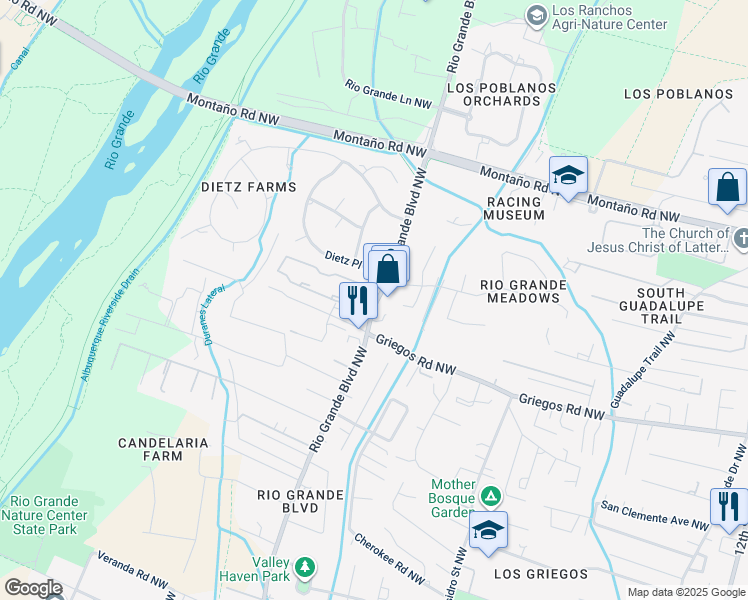 map of restaurants, bars, coffee shops, grocery stores, and more near 4004 Amy Kay Court Northwest in Albuquerque