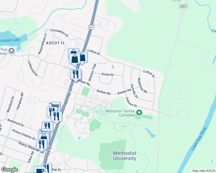 map of restaurants, bars, coffee shops, grocery stores, and more near 5838 Woodhaven Circle in Fayetteville