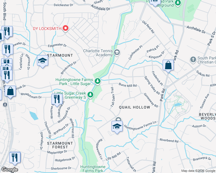 map of restaurants, bars, coffee shops, grocery stores, and more near 6416 Tall Oaks Trail in Charlotte