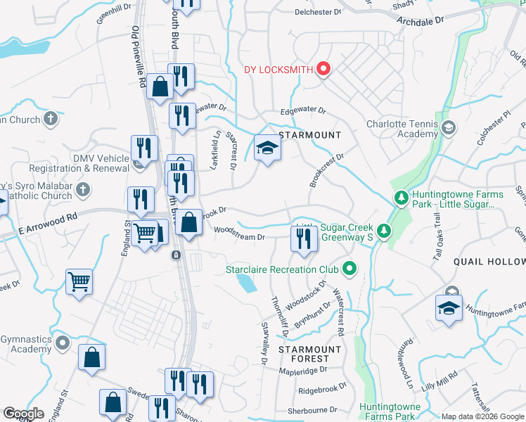 map of restaurants, bars, coffee shops, grocery stores, and more near 1600 Starbrook Drive in Charlotte