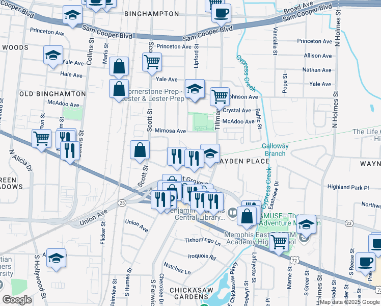 map of restaurants, bars, coffee shops, grocery stores, and more near 129 West Red Oak Drive in Memphis