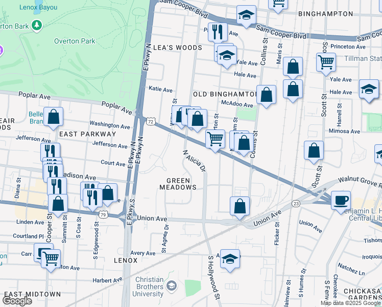 map of restaurants, bars, coffee shops, grocery stores, and more near 65 North Alicia Drive in Memphis