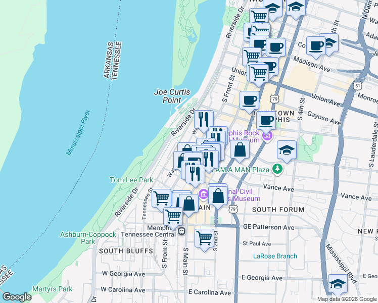 map of restaurants, bars, coffee shops, grocery stores, and more near 358 South Front Street in Memphis