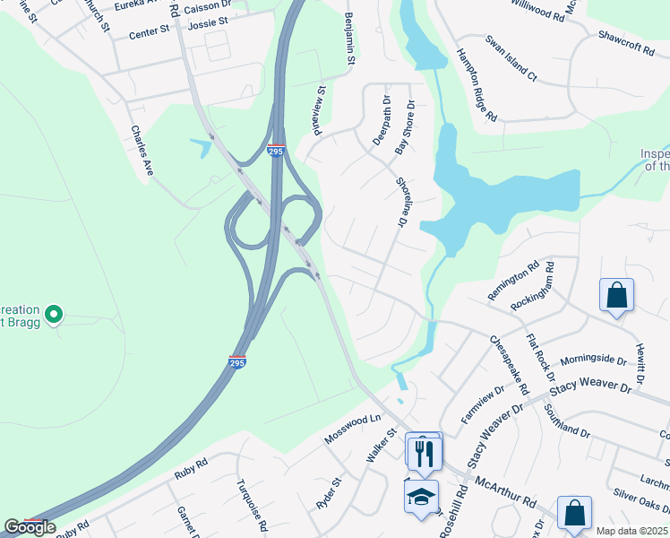 map of restaurants, bars, coffee shops, grocery stores, and more near 5414 Chesapeake Road in Fayetteville