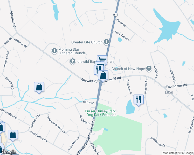 map of restaurants, bars, coffee shops, grocery stores, and more near Matthews-Mint Hill Road in Matthews