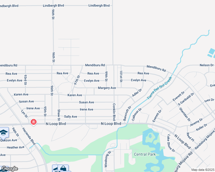 map of restaurants, bars, coffee shops, grocery stores, and more near Margery Avenue in California City