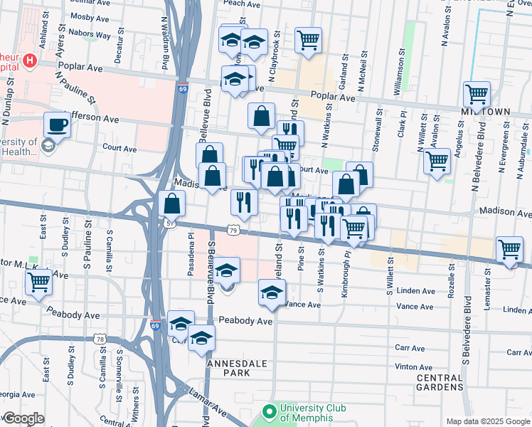 map of restaurants, bars, coffee shops, grocery stores, and more near Monroe Avenue in Memphis