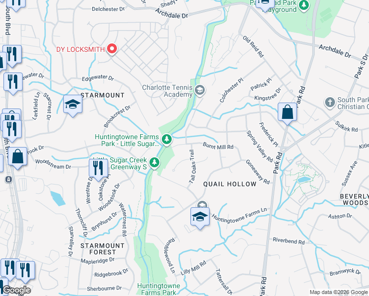 map of restaurants, bars, coffee shops, grocery stores, and more near 6416 Tall Oaks Trail in Charlotte