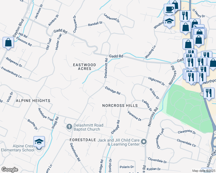map of restaurants, bars, coffee shops, grocery stores, and more near 5116 Eldridge Rd in Hixson