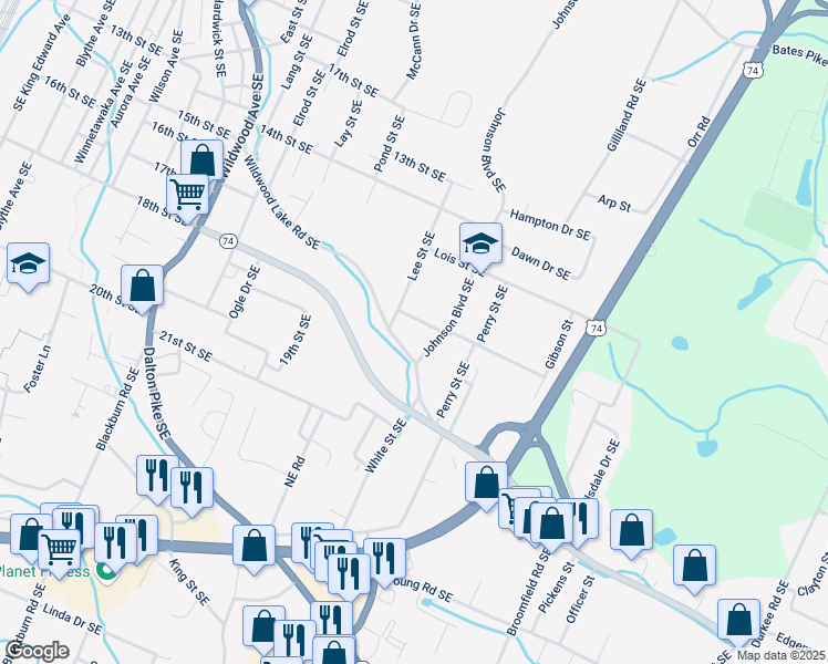 map of restaurants, bars, coffee shops, grocery stores, and more near 1620 Johnson Boulevard Southeast in Cleveland