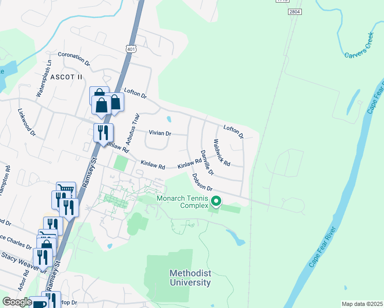 map of restaurants, bars, coffee shops, grocery stores, and more near 5806 Dobson Drive in Fayetteville