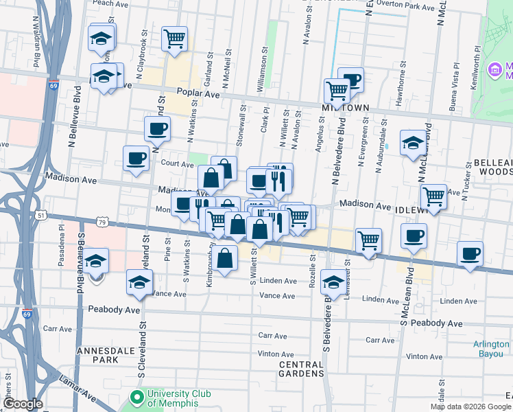map of restaurants, bars, coffee shops, grocery stores, and more near 1530 Monroe Avenue in Memphis