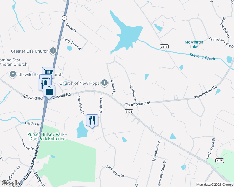 map of restaurants, bars, coffee shops, grocery stores, and more near 13724 Mills End Circle in Matthews
