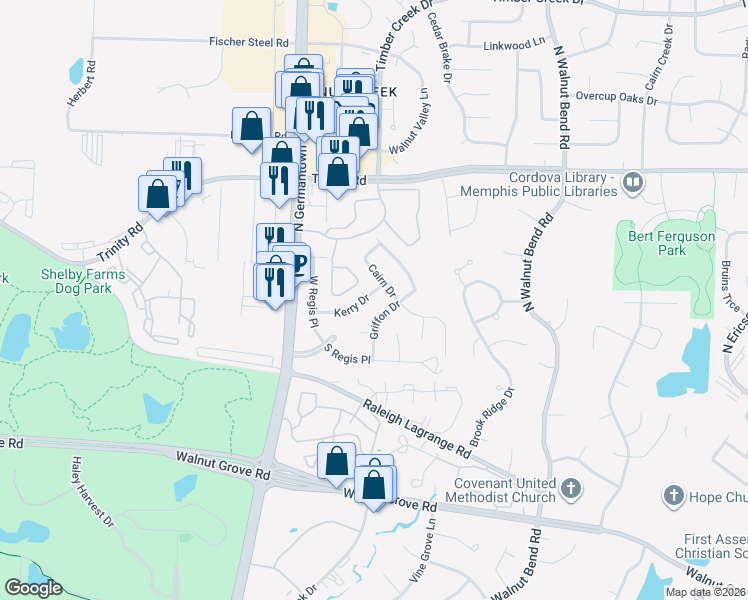 map of restaurants, bars, coffee shops, grocery stores, and more near 8095 Kerry Drive in Memphis