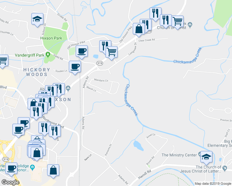 map of restaurants, bars, coffee shops, grocery stores, and more near 5384 Mandarin Circle in Chattanooga