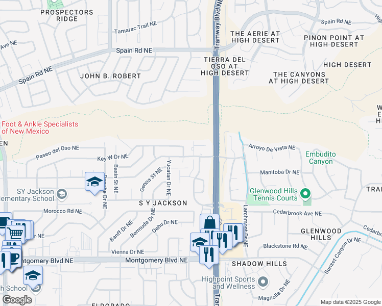 map of restaurants, bars, coffee shops, grocery stores, and more near 4931 Skyline View Court Northeast in Albuquerque