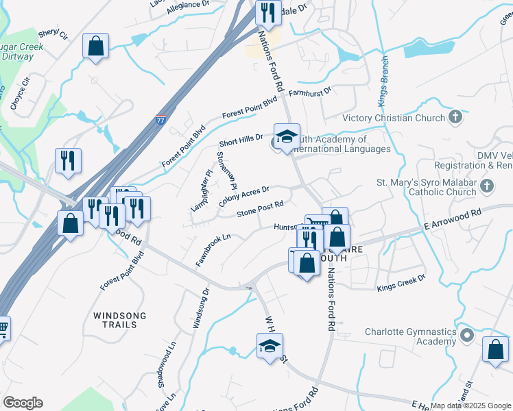 map of restaurants, bars, coffee shops, grocery stores, and more near 301 Stone Post Road in Charlotte
