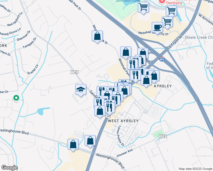 map of restaurants, bars, coffee shops, grocery stores, and more near 2419 Sandy River Lane in Charlotte