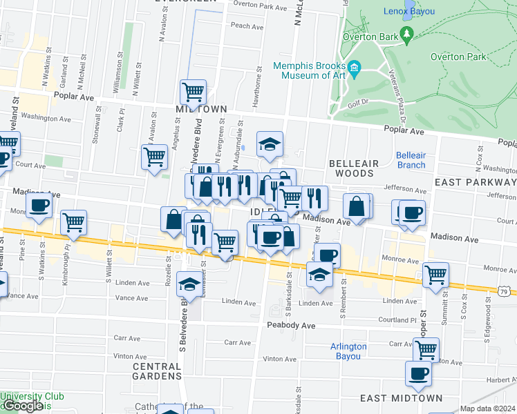 map of restaurants, bars, coffee shops, grocery stores, and more near 1839 Madison Avenue in Memphis