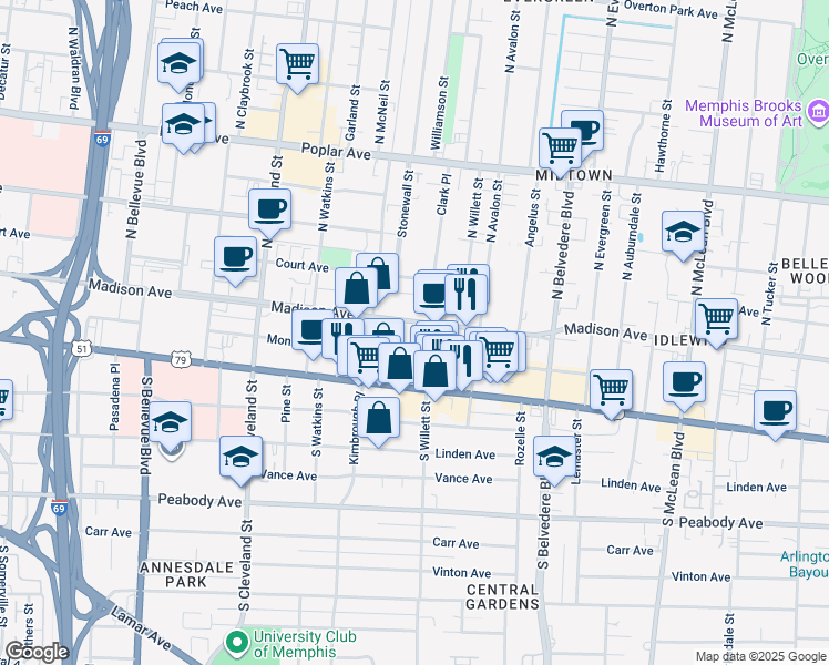 map of restaurants, bars, coffee shops, grocery stores, and more near 1530 Monroe Avenue in Memphis