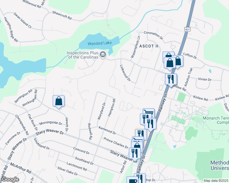 map of restaurants, bars, coffee shops, grocery stores, and more near 5426 Hampton Road in Fayetteville