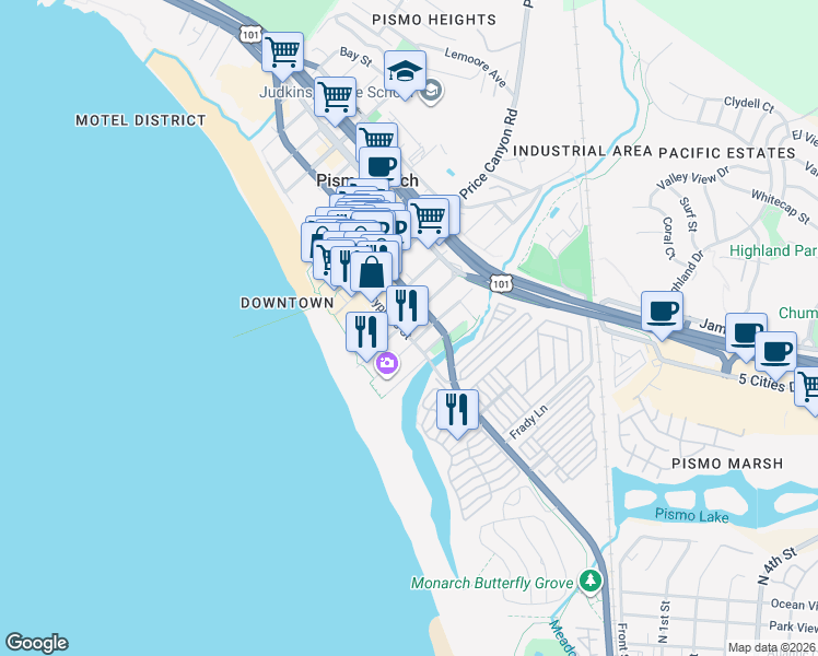 map of restaurants, bars, coffee shops, grocery stores, and more near 220 Ocean View Avenue in Pismo Beach