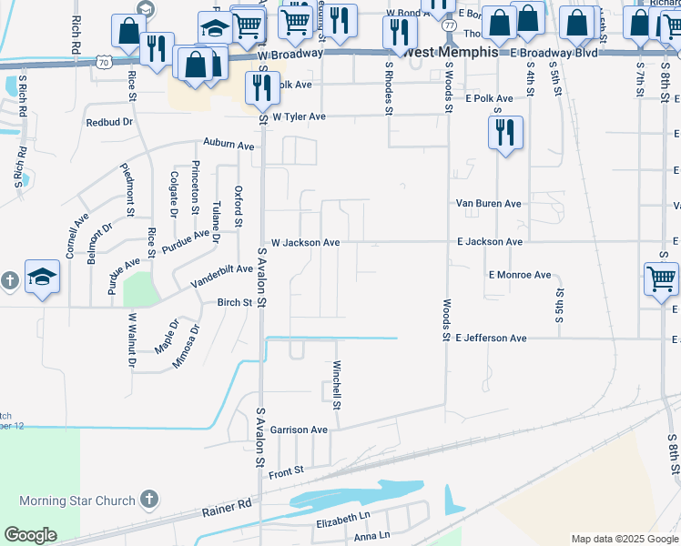 map of restaurants, bars, coffee shops, grocery stores, and more near 9 McArthur Street in West Memphis
