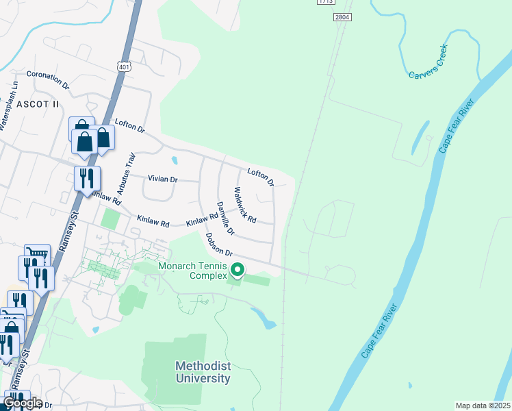 map of restaurants, bars, coffee shops, grocery stores, and more near 212 Renton Court in Fayetteville