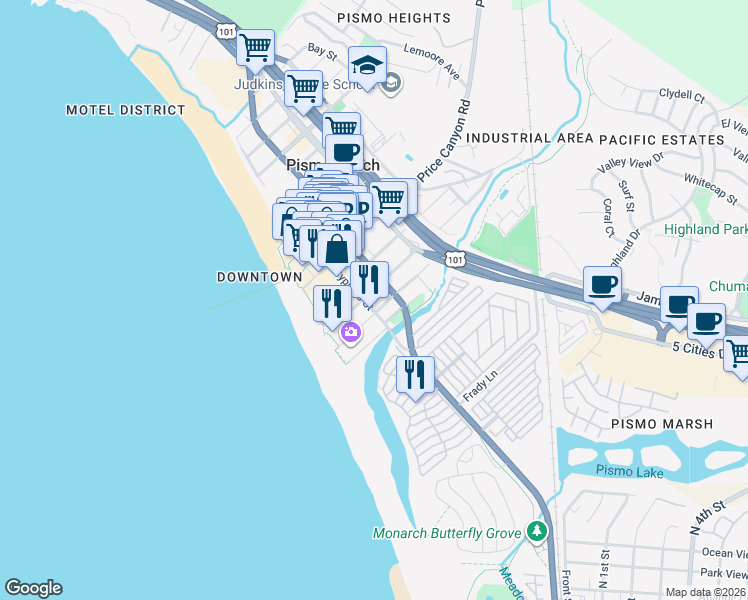 map of restaurants, bars, coffee shops, grocery stores, and more near 220 Ocean View Avenue in Pismo Beach