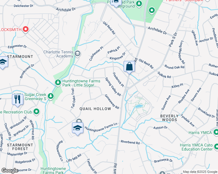 map of restaurants, bars, coffee shops, grocery stores, and more near 3208 Spring Valley Road in Charlotte