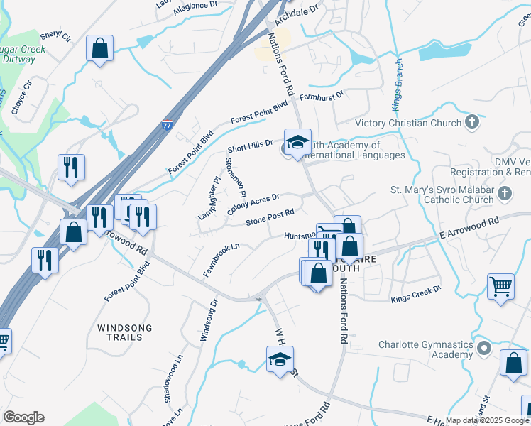map of restaurants, bars, coffee shops, grocery stores, and more near 301 Stone Post Road in Charlotte
