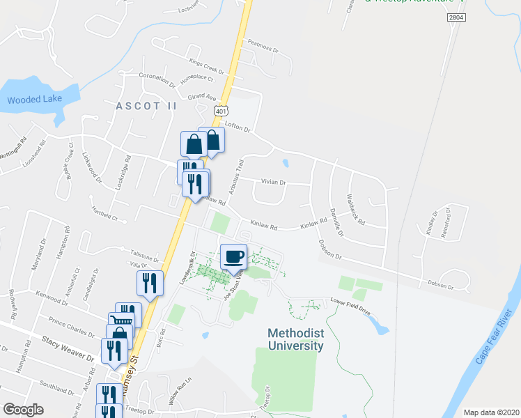 map of restaurants, bars, coffee shops, grocery stores, and more near 5830 Woodhaven Circle in Fayetteville