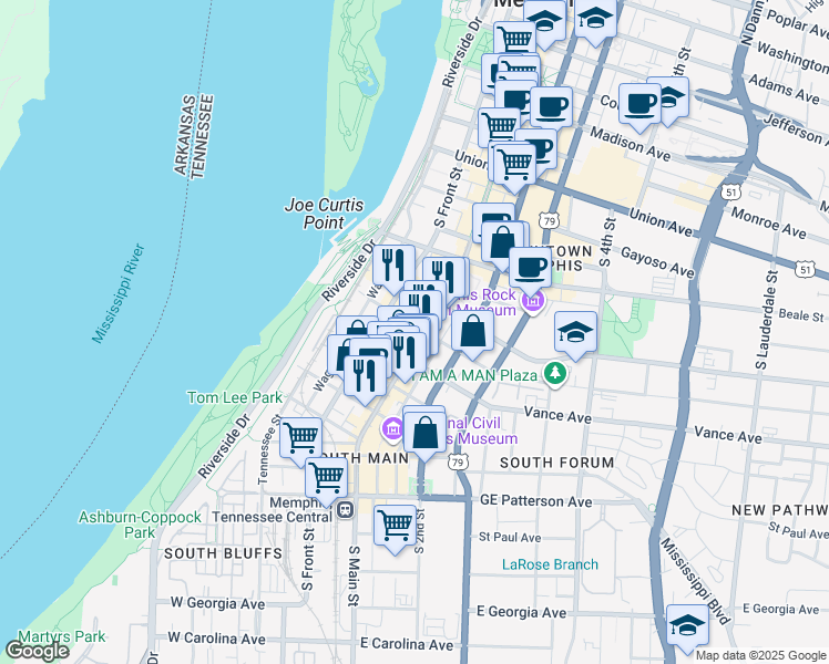 map of restaurants, bars, coffee shops, grocery stores, and more near in Memphis