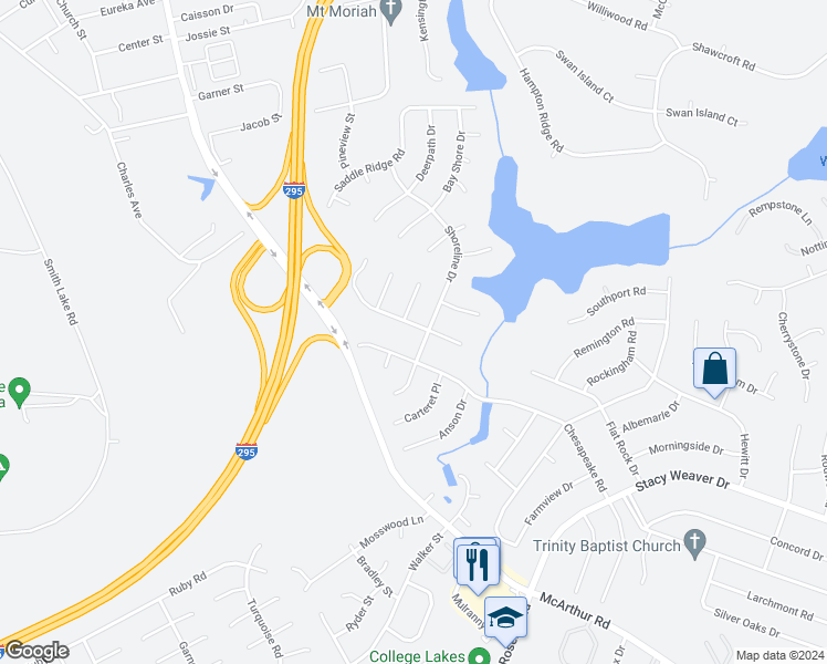 map of restaurants, bars, coffee shops, grocery stores, and more near 5405 Sandstone Drive in Fayetteville