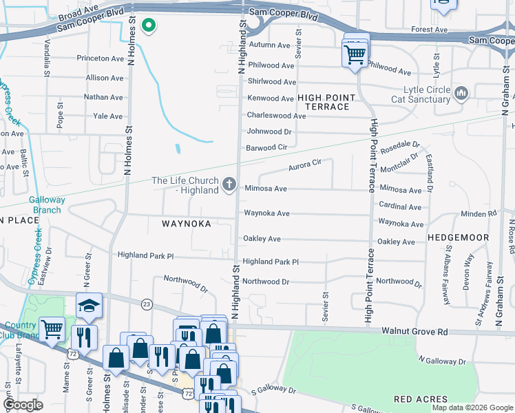 map of restaurants, bars, coffee shops, grocery stores, and more near 3555 Waynoka Avenue in Memphis