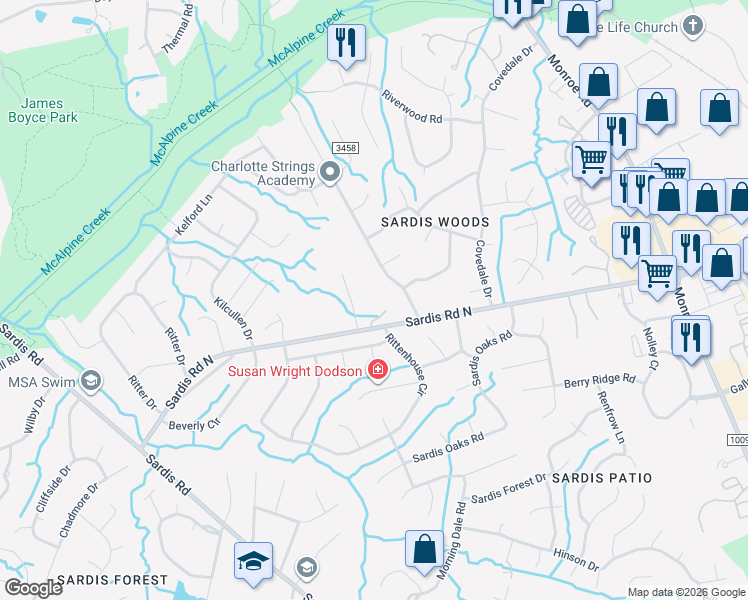 map of restaurants, bars, coffee shops, grocery stores, and more near 809 Sardis Road North in Charlotte